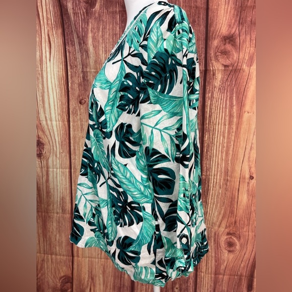 Coral Bay green teal white Monstera leaf print linen blend 3/4 sleeve blouse L - Picture 7 of 17